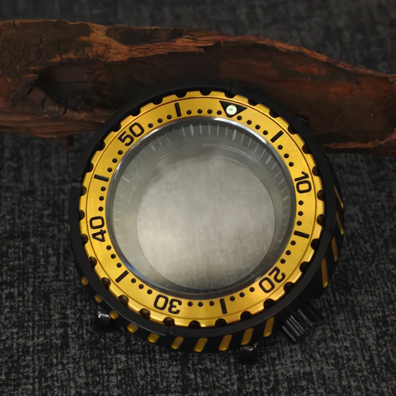 Tuna Can NH35 Watch Case 47MM Black Base With Gold Accents Sapphire Glass Steel Case Fit NH35 NH36 Movement Diving Watch Case
Tuna Can NH35 Watch Case 47MM Black Base With Gold Accents Sapphire Glass Steel Case Fit NH35 NH36 Movement Diving Watch Case