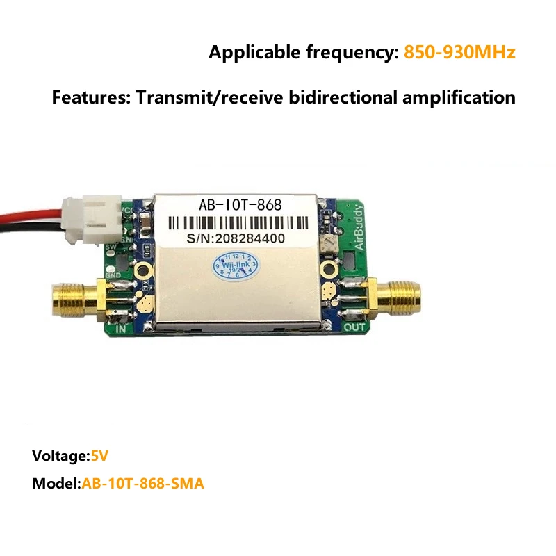 Модуль AB-IOT868-SMA Двунаправленный усилитель сигнала 868/915 МГц 863-870M902-928M Усилитель RFID-сигнала IoT
Модуль AB-IOT868-SMA Двунаправленный усилитель сигнала 868/915 МГц 863-870M902-928M Усилитель RFID-сигнала IoT