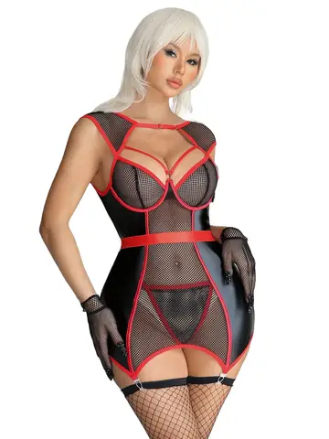 Sexy PU Leather Mesh Yarn Hip Skirt Contrasting Color Red Edge Perspective Hollow Nightclub COS Uniform 5-piece Set
