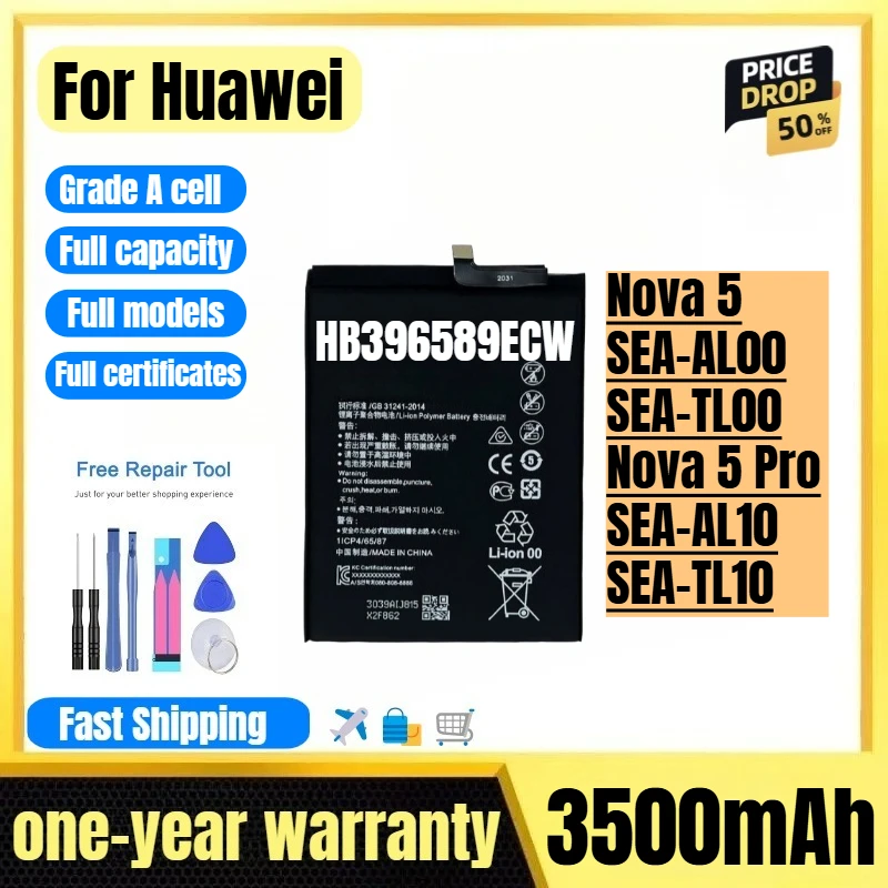 HB396589ECW for Huawei Nova 5/SEA-AL00/SEA-TL00/Nova 5 Pro/SEA-AL10/SEA-TL10 Mobile Phone Battery Replacement Bateria with Tools
HB396589ECW for Huawei Nova 5/SEA-AL00/SEA-TL00/Nova 5 Pro/SEA-AL10/SEA-TL10 Mobile Phone Battery Replacement Bateria with Tools