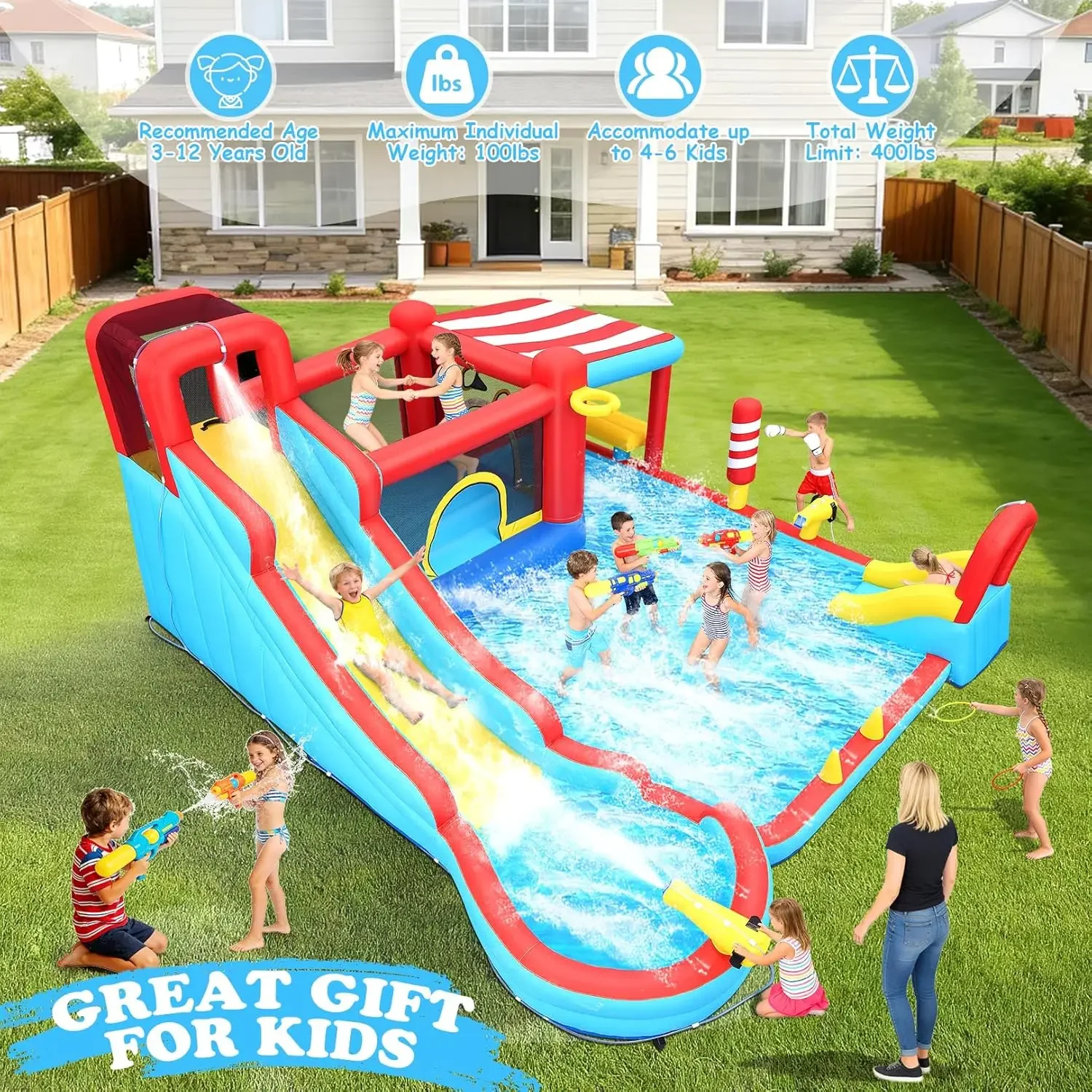 AKEYDIY Inflatable Water Slide, 18 in 1 Water Park Bounce House for Big Kids, Bouncy House with Dual Slides,Big Splash Pool,Wate
AKEYDIY Inflatable Water Slide, 18 in 1 Water Park Bounce House for Big Kids, Bouncy House with Dual Slides,Big Splash Pool,Wate