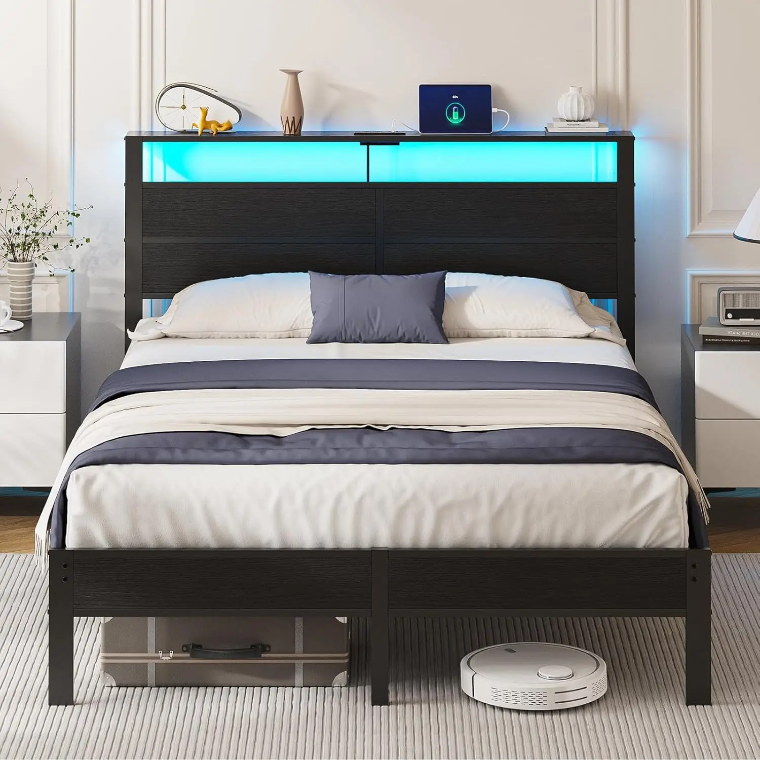 Queen Size Bed Frame with LED Lights, USB Type C Charging Headboard, Black Metal Platform Bed with Storage Shelf, Noise Free Des
Queen Size Bed Frame with LED Lights, USB Type C Charging Headboard, Black Metal Platform Bed with Storage Shelf, Noise Free Des