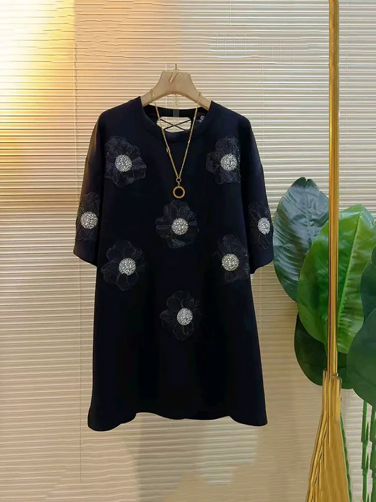 Large size women round neck short sleeved nail bead flower back hollowed out top heavy-duty design sense versatile T-shirt
Large size women round neck short sleeved nail bead flower back hollowed out top heavy-duty design sense versatile T-shirt