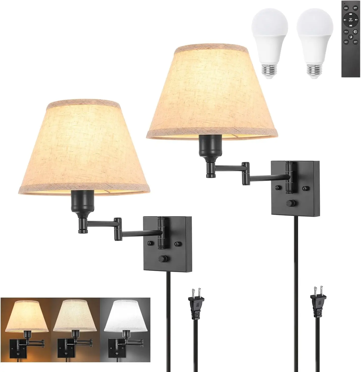 Remote-Controlled Dimming Wall Sconce with Adjustable Color Temperature, Swing Arm Design, Plug-in Cord (2 Pack, Bulbs Included)
Remote-Controlled Dimming Wall Sconce with Adjustable Color Temperature, Swing Arm Design, Plug-in Cord (2 Pack, Bulbs Included)