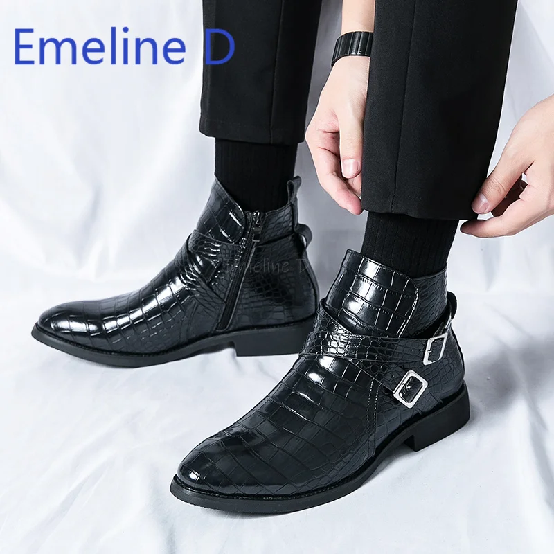 Belt Buckle Side Zipper High Top Boots Fashionable Pointed Crocodile Pattern Design Low Heel British Style Versatile Short Boots
Belt Buckle Side Zipper High Top Boots Fashionable Pointed Crocodile Pattern Design Low Heel British Style Versatile Short Boots