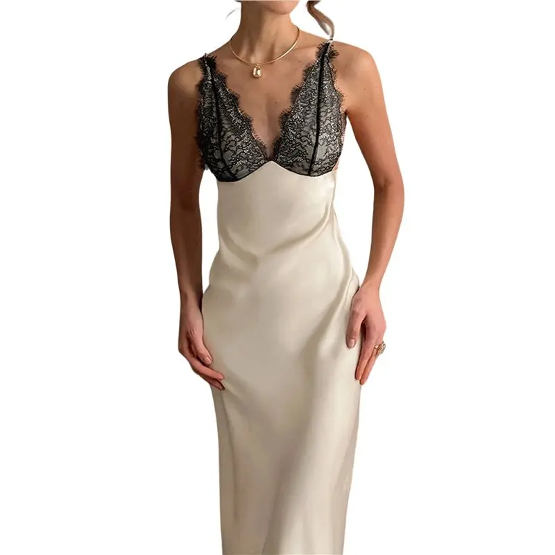 CYL-Deep V Neck Lace And Satin Maxi Dress For Elegant Evening Occasions
CYL-Deep V Neck Lace And Satin Maxi Dress For Elegant Evening Occasions