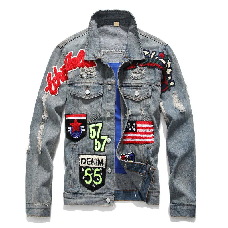 Spring and autumn new denim clothing retro men's distressed trendy embroidered jacket street trend badge top
Spring and autumn new denim clothing retro men's distressed trendy embroidered jacket street trend badge top