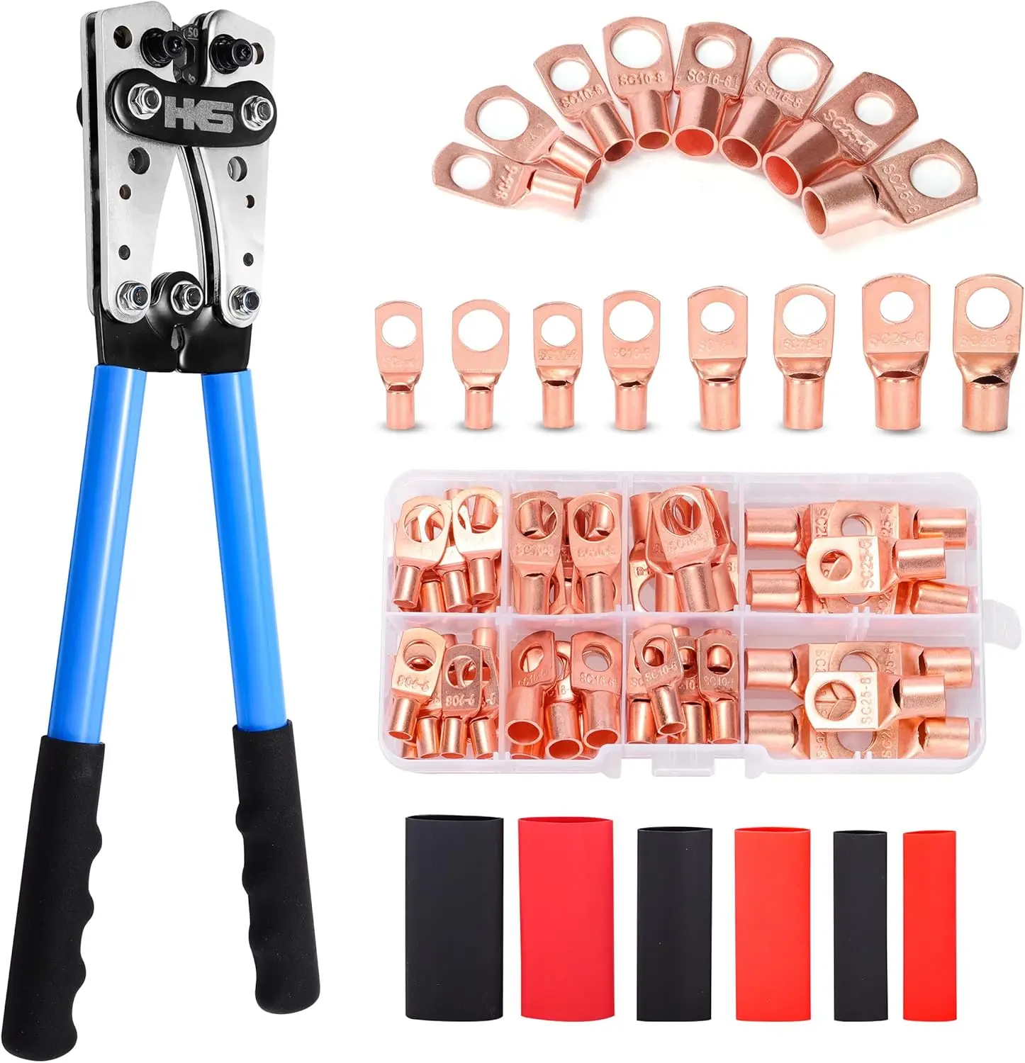 Heavy Duty Battery Cable Crimping Tool Kit for AWG 10-1 with Rotatable Jaw, Includes 60pcs Copper Terminals & Heat Shrink Tubing
Heavy Duty Battery Cable Crimping Tool Kit for AWG 10-1 with Rotatable Jaw, Includes 60pcs Copper Terminals & Heat Shrink Tubing