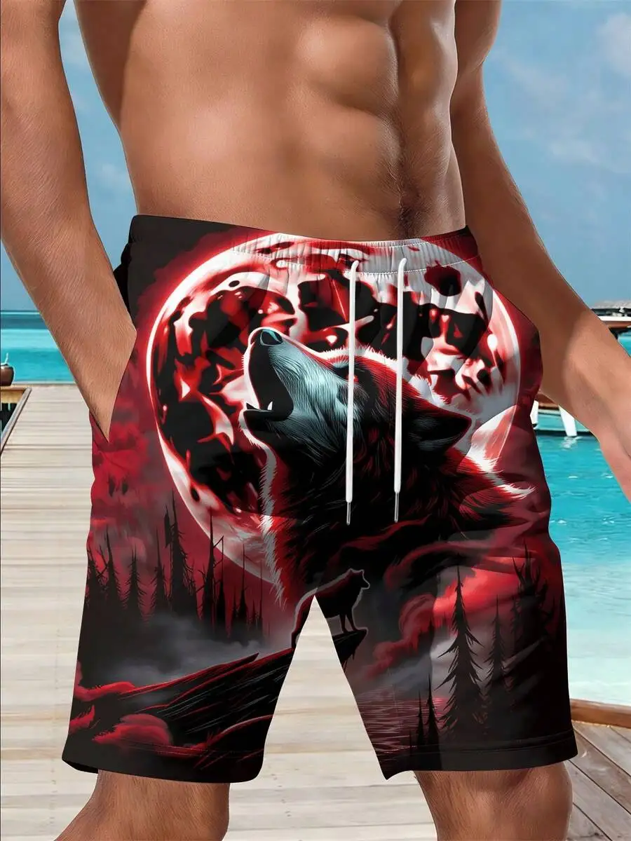 Mens Swim Trunks With 3D Wolf Howling At Blood Moon In Forest Scene Red Black Design
Mens Swim Trunks With 3D Wolf Howling At Blood Moon In Forest Scene Red Black Design