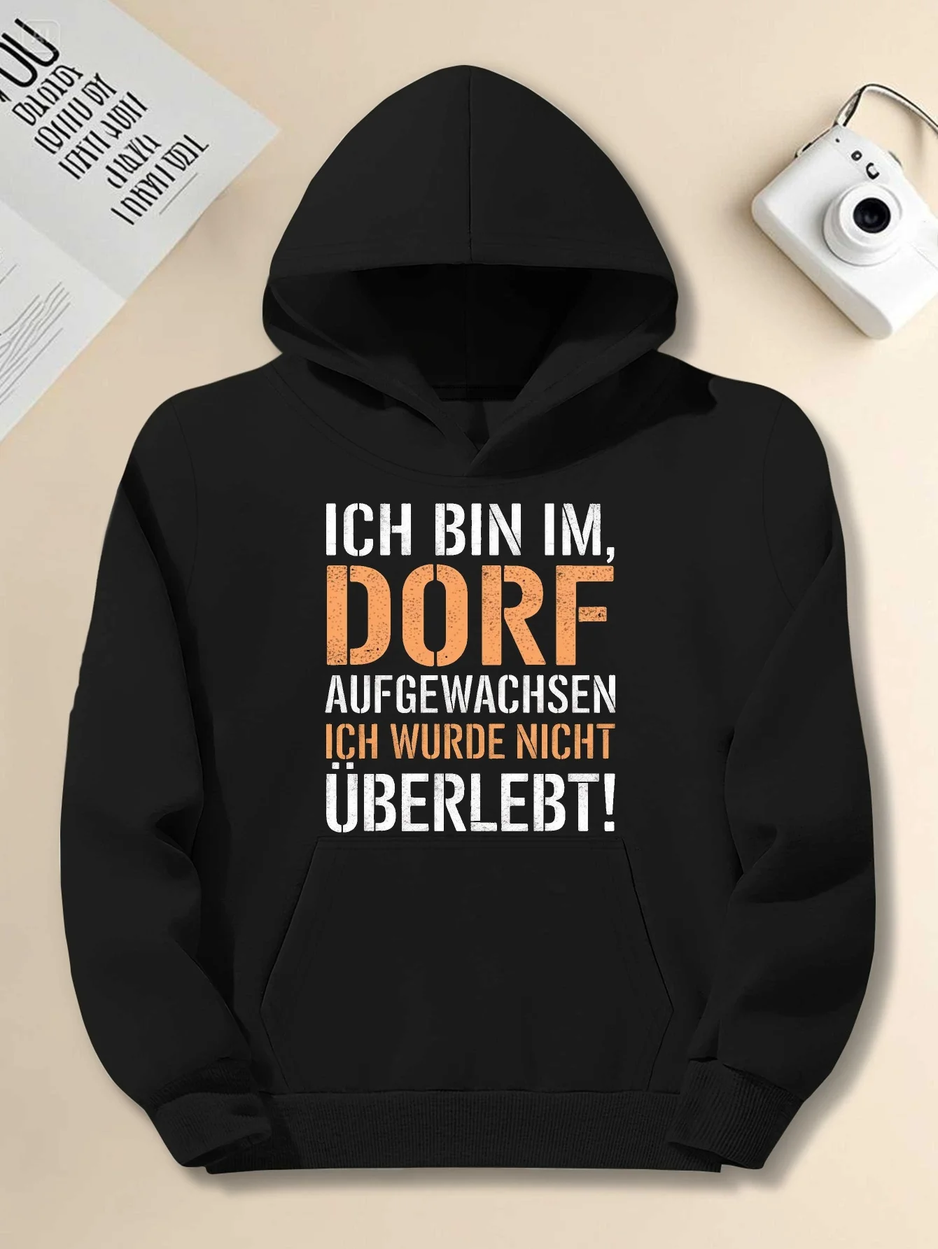 Hooded sweatshirt with an amusing German quote "Ich Bin Im Dorf" - relaxed fit, long sleeves, village survival design
Hooded sweatshirt with an amusing German quote "Ich Bin Im Dorf" - relaxed fit, long sleeves, village survival design
