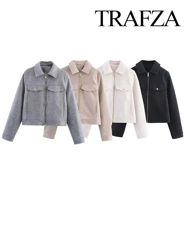 TRAFZA Woman Chic Solid Short Coats 2025 Women Autumn Fashion Lapel Pocket Zipper Decoration Long Sleeves Street Style Jackets
TRAFZA Woman Chic Solid Short Coats 2025 Women Autumn Fashion Lapel Pocket Zipper Decoration Long Sleeves Street Style Jackets