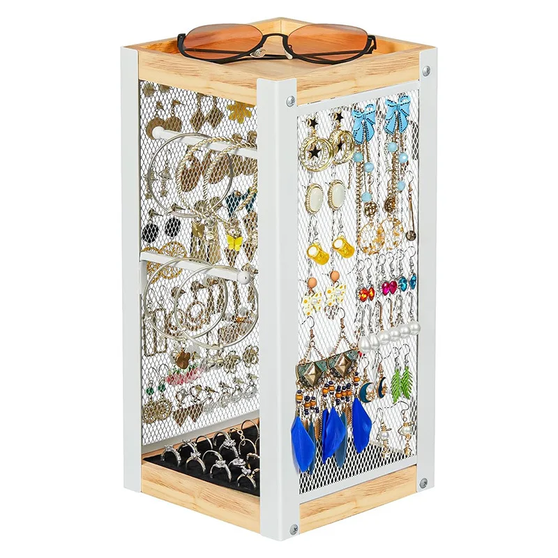 Earring storage box 360 degree rotating jewelry rack with ring tray necklace bracelet ring hook white earring rack.
Earring storage box 360 degree rotating jewelry rack with ring tray necklace bracelet ring hook white earring rack.