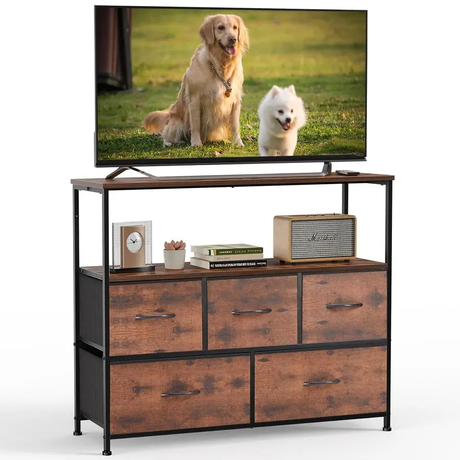 TV Stand Dresser with 5 Fabric Storage Drawers, Media Console Featuring Open Shelf for 45 inch TV, Compact Entertainment Unit f
TV Stand Dresser with 5 Fabric Storage Drawers, Media Console Featuring Open Shelf for 45 inch TV, Compact Entertainment Unit f