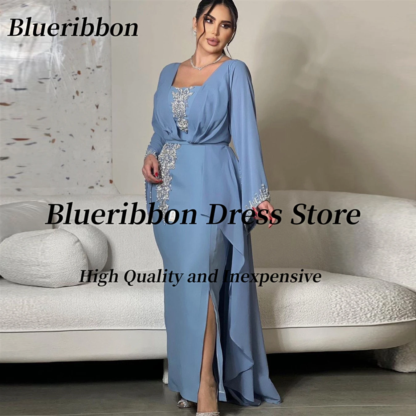Blueribbon Customized Saudi Evening Dresses Long Sleeves Beaded Prom Dress Mermaid Side Slit Wedding Party Women Wear Vestidos
Blueribbon Customized Saudi Evening Dresses Long Sleeves Beaded Prom Dress Mermaid Side Slit Wedding Party Women Wear Vestidos