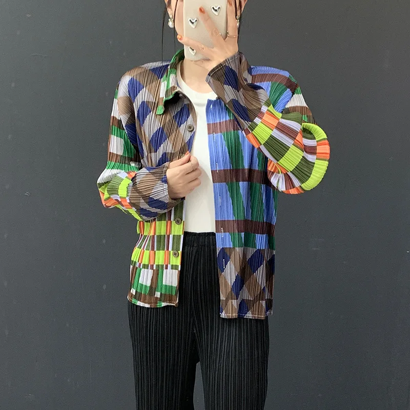 Fold Colorful Geometric Print Summer 2026 Miyake Pleated Collared Long Sleeve Button Down Shirt Casual Daily Wear Women Elegant
Fold Colorful Geometric Print Summer 2026 Miyake Pleated Collared Long Sleeve Button Down Shirt Casual Daily Wear Women Elegant