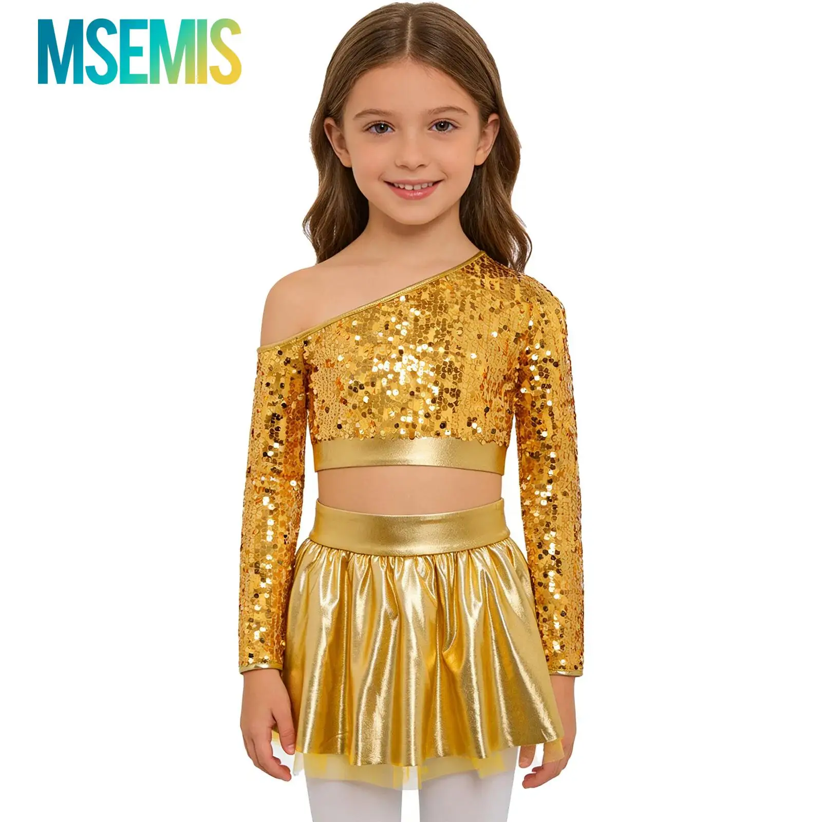 Kids Girls Jazz Street Disco Dance Costume One Shoulder Long Sleeve Sequins Top with Elastic Waistband Metallic Tutu Skirt
Kids Girls Jazz Street Disco Dance Costume One Shoulder Long Sleeve Sequins Top with Elastic Waistband Metallic Tutu Skirt
