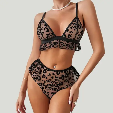 Tornova Erotic Lingerie Leopard Print See-through Sexy Ruffled Bow Bra See-through Mesh Delicate Triangle Cup Cute Underwear Set