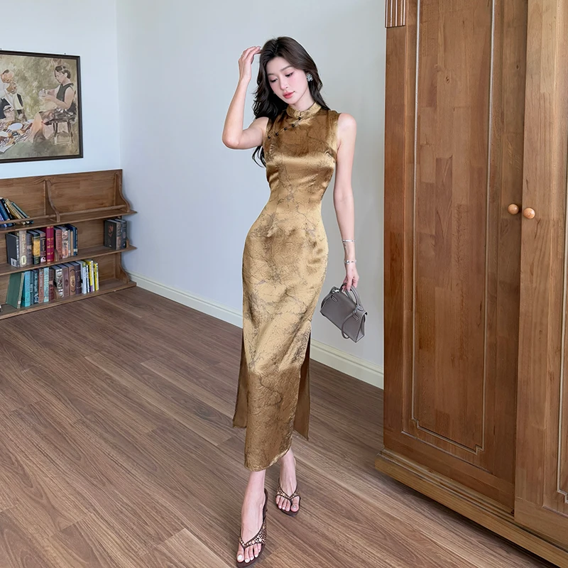 Coigarsam Women's Summer Dress New Cheongsam Office Lady Sleeveless Print Panelled Gold Dresses
Coigarsam Women's Summer Dress New Cheongsam Office Lady Sleeveless Print Panelled Gold Dresses