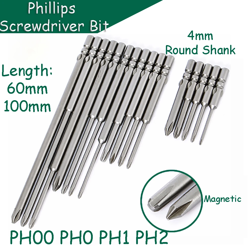 5pcs Phillips Screwdriver Bit PH00 PH0 PH1 PH2 Magnetic 4mm Round Shank S2 Steel 60/100mm Length Electric Bit Repair Tool
5pcs Phillips Screwdriver Bit PH00 PH0 PH1 PH2 Magnetic 4mm Round Shank S2 Steel 60/100mm Length Electric Bit Repair Tool