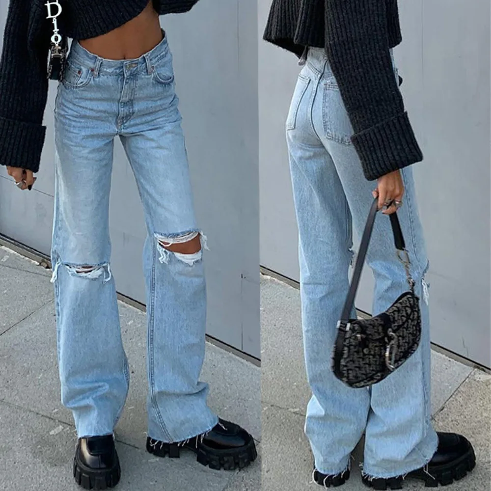 New European and American Wide-Leg Jeans with Ripped Flared Design
New European and American Wide-Leg Jeans with Ripped Flared Design