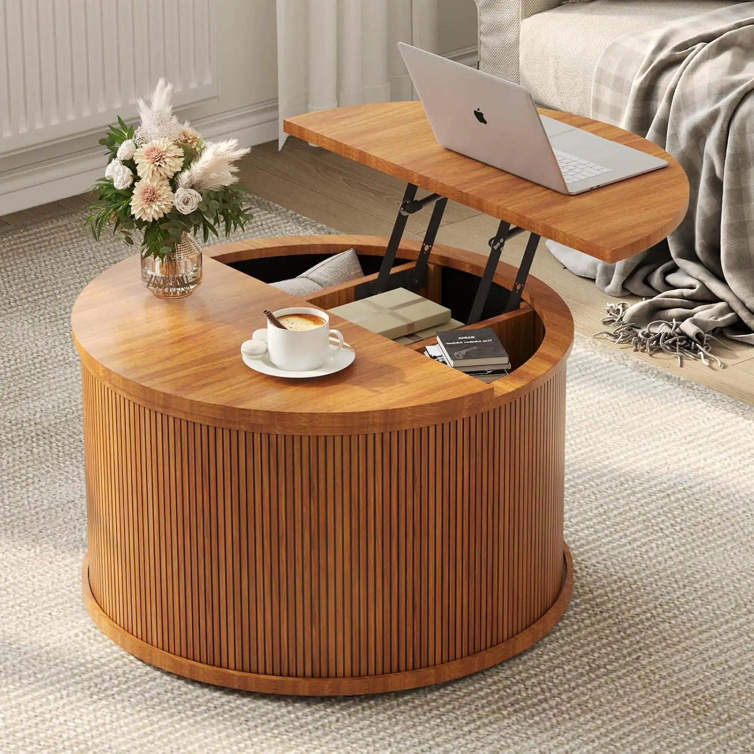 31.5" Mid-Century Modern Walnut Coffee Table - Round Fluted Lift Top Table with Hidden Storage Compartment
31.5" Mid-Century Modern Walnut Coffee Table - Round Fluted Lift Top Table with Hidden Storage Compartment