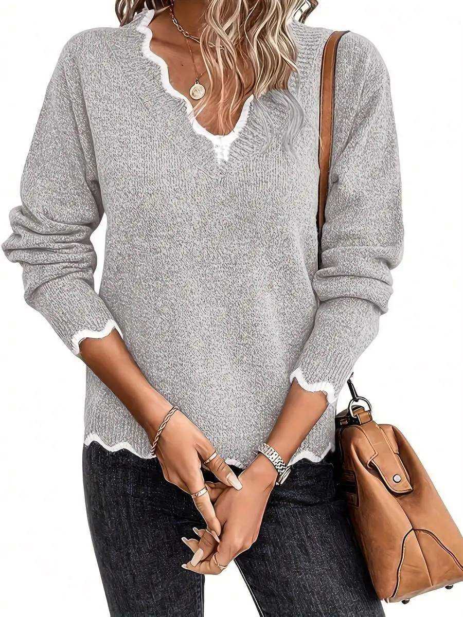 Womens Scalloped V Neck Long Sleeve Contrast Trim Sweater
Womens Scalloped V Neck Long Sleeve Contrast Trim Sweater