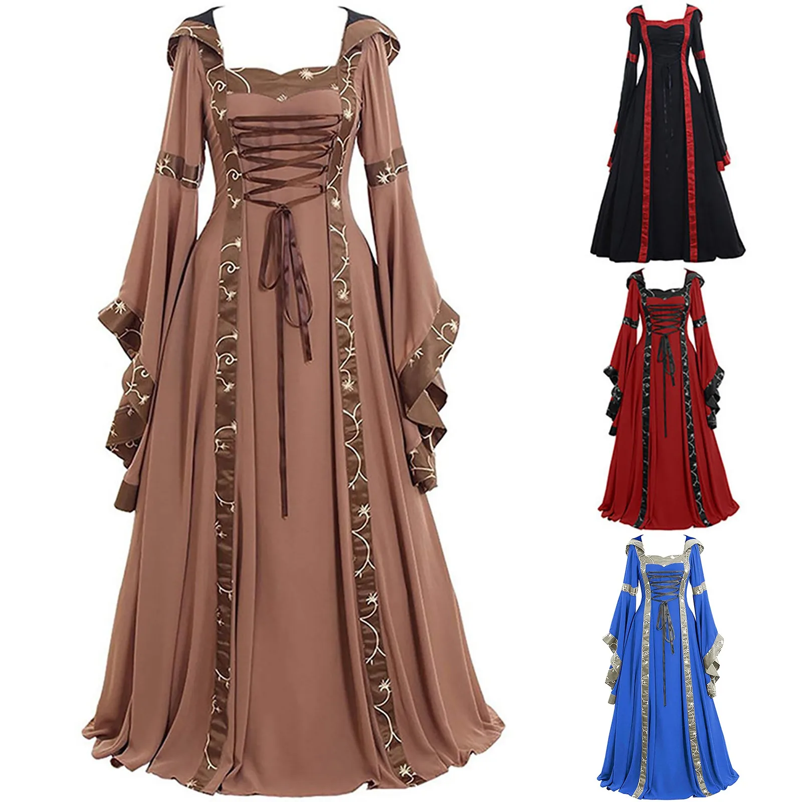 Women European Medieval Renaissance Dress Square Neck Belted Belt Bell Sleeves Victoria Princess Dress Halloween Cosplay Costume
Women European Medieval Renaissance Dress Square Neck Belted Belt Bell Sleeves Victoria Princess Dress Halloween Cosplay Costume