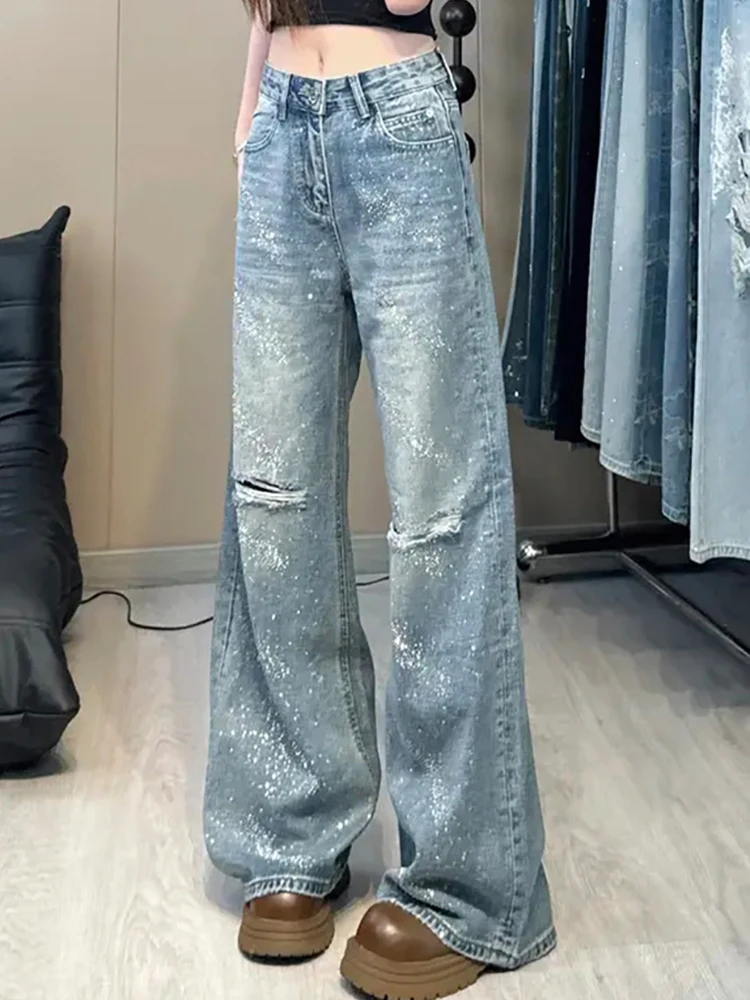 American Retro Washed Hot Diamond Jeans For Women Fashion Ripped Loose Straight Leg Pants Female Casual Wide Leg Long Trousers
American Retro Washed Hot Diamond Jeans For Women Fashion Ripped Loose Straight Leg Pants Female Casual Wide Leg Long Trousers
