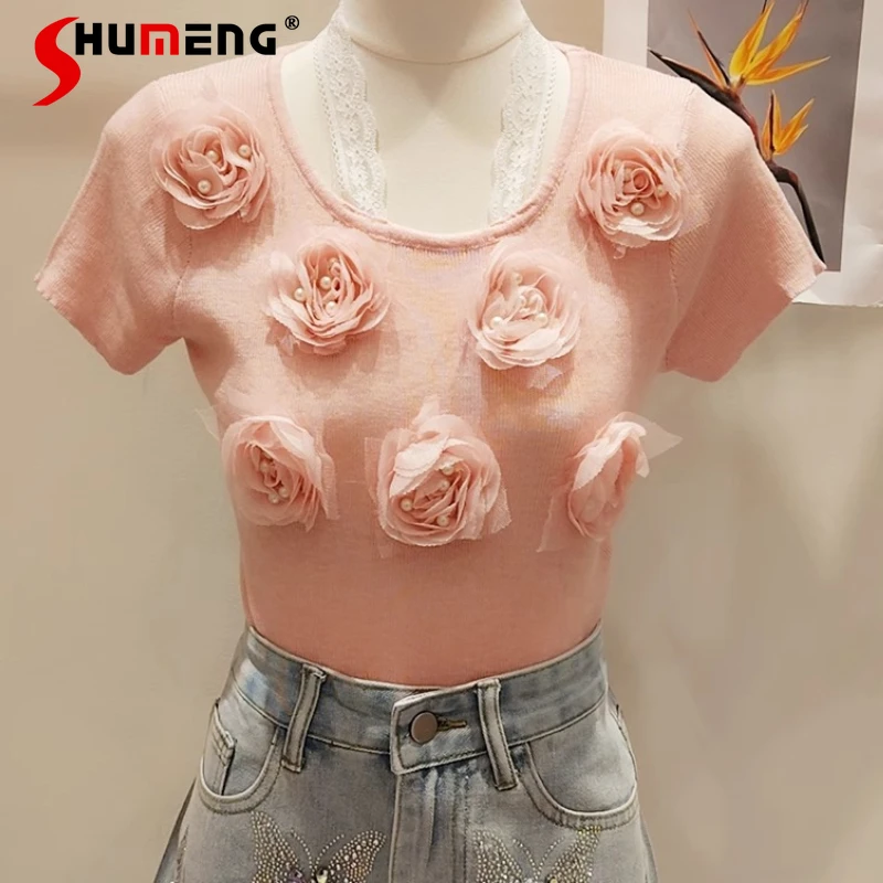 Fashion Beaded Three-dimensional Rose Knitted Ice Silk Tops Women's 2025 Summer New Tees Ladies Short-sleeve Pullover T-shirts
Fashion Beaded Three-dimensional Rose Knitted Ice Silk Tops Women's 2025 Summer New Tees Ladies Short-sleeve Pullover T-shirts