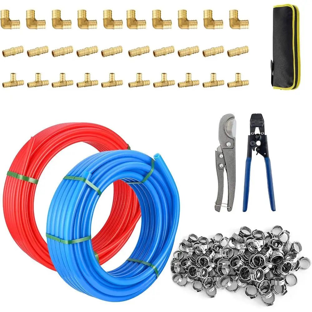 3/4-inch 2 x 100 ft PEX-B Pipe (100 ft Red + 100 ft Blue), Water Tubing with a Pipe Cutter, 30 PCS PEX & 100 PCS Cinch Clamps, a
3/4-inch 2 x 100 ft PEX-B Pipe (100 ft Red + 100 ft Blue), Water Tubing with a Pipe Cutter, 30 PCS PEX & 100 PCS Cinch Clamps, a