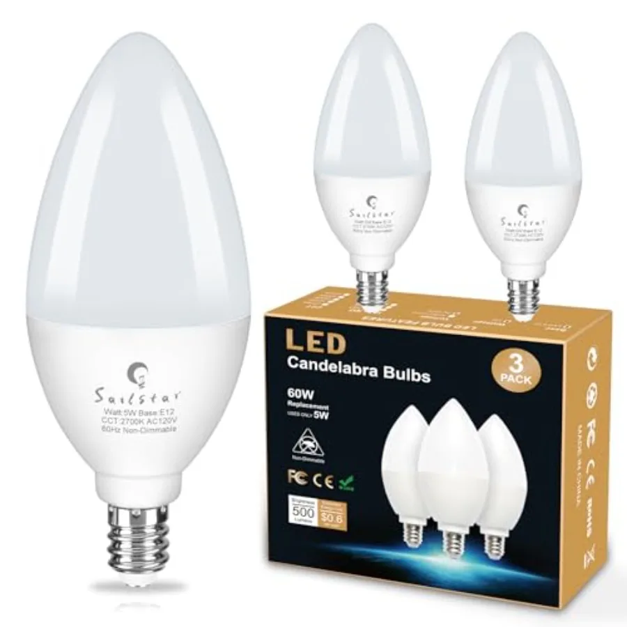 E12 LED Bulb 60W Equivalent, 500 Lumens, Ceiling Fan Light Bulbs, Type B Light Bulb 5W, CRI 85, B11 Small Base Candelabra LED L
E12 LED Bulb 60W Equivalent, 500 Lumens, Ceiling Fan Light Bulbs, Type B Light Bulb 5W, CRI 85, B11 Small Base Candelabra LED L