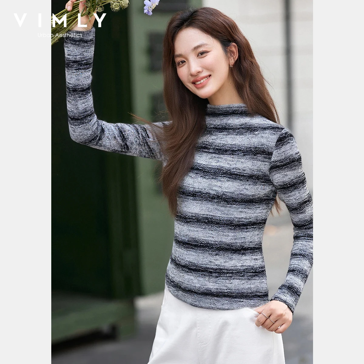 VIMLY новый женский топ с длинными рукавами 2025, зимняя повседневная вязаная футболка в полоску с воротником-стойкой для похудения, базовый слой, женская одежда A3201
VIMLY новый женский топ с длинными рукавами 2025, зимняя повседневная вязаная футболка в полоску с воротником-стойкой для похудения, базовый слой, женская одежда A3201
