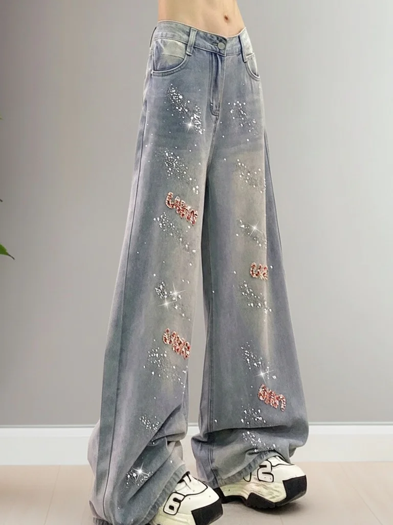 Shiny Letter Embellished Casual Wide Leg Jeans Women's Floor Length Pants Summer New Style Retro All Match Diamond Insert
Shiny Letter Embellished Casual Wide Leg Jeans Women's Floor Length Pants Summer New Style Retro All Match Diamond Insert