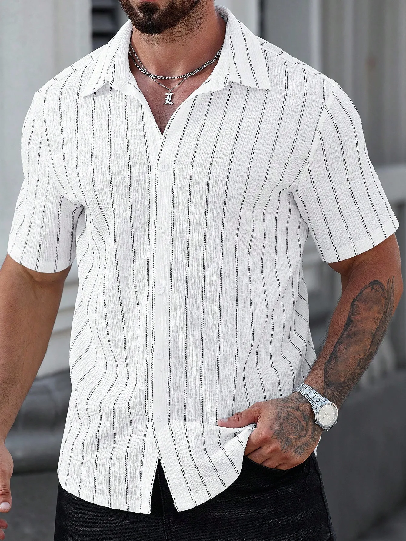 Men's Casual Short Sleeve Striped Button-Down Shirt, White with Black Vertical Stripes, Lightweight Summer Wear
Men's Casual Short Sleeve Striped Button-Down Shirt, White with Black Vertical Stripes, Lightweight Summer Wear