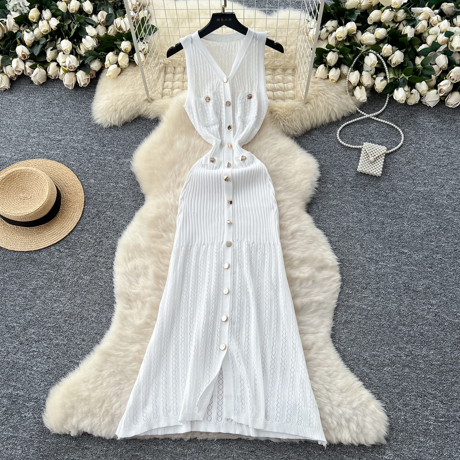 Chic Elastic Knit V-neck button sleeveless Korean Fashion Vestidos Summer Slim Wrap Pencil Dress women clothing
Chic Elastic Knit V-neck button sleeveless Korean Fashion Vestidos Summer Slim Wrap Pencil Dress women clothing
