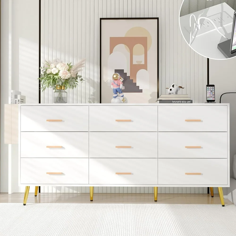 Drawer Dresser for Bedroom, 63” Long Dresser with Charging Station, Modern Chest of Wide Drawers with Gold Handles
Drawer Dresser for Bedroom, 63” Long Dresser with Charging Station, Modern Chest of Wide Drawers with Gold Handles