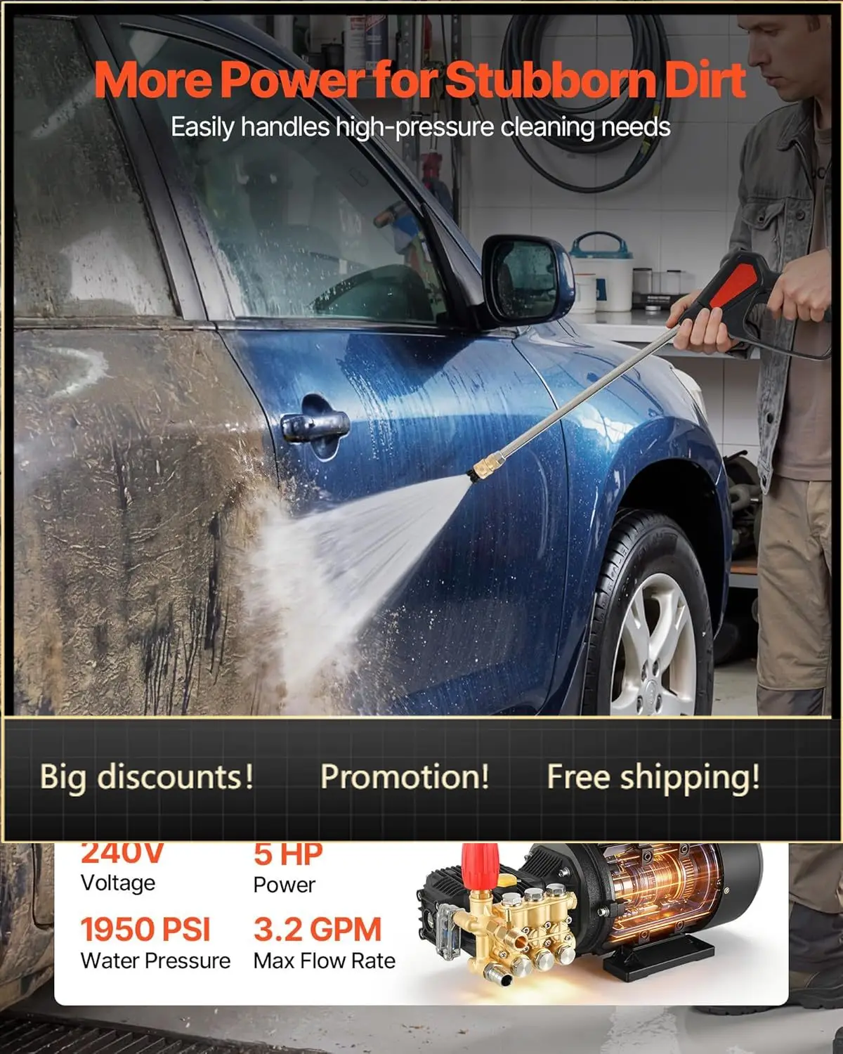 Electric Pressure Washer Pump Kit, 1950 PSI, 3.2 GPM, Triplex Power Washer Pump with 5 HP Motor 240 V, Adjustable Water Pressure
Electric Pressure Washer Pump Kit, 1950 PSI, 3.2 GPM, Triplex Power Washer Pump with 5 HP Motor 240 V, Adjustable Water Pressure