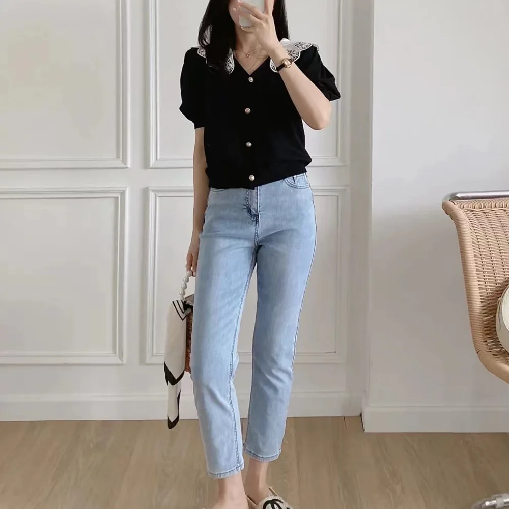 Lace Trim ort Sve Knitted T-irt Doll Collar Summer New Arrival Women's Faion Top Quali Polyester Material
Lace Trim ort Sve Knitted T-irt Doll Collar Summer New Arrival Women's Faion Top Quali Polyester Material