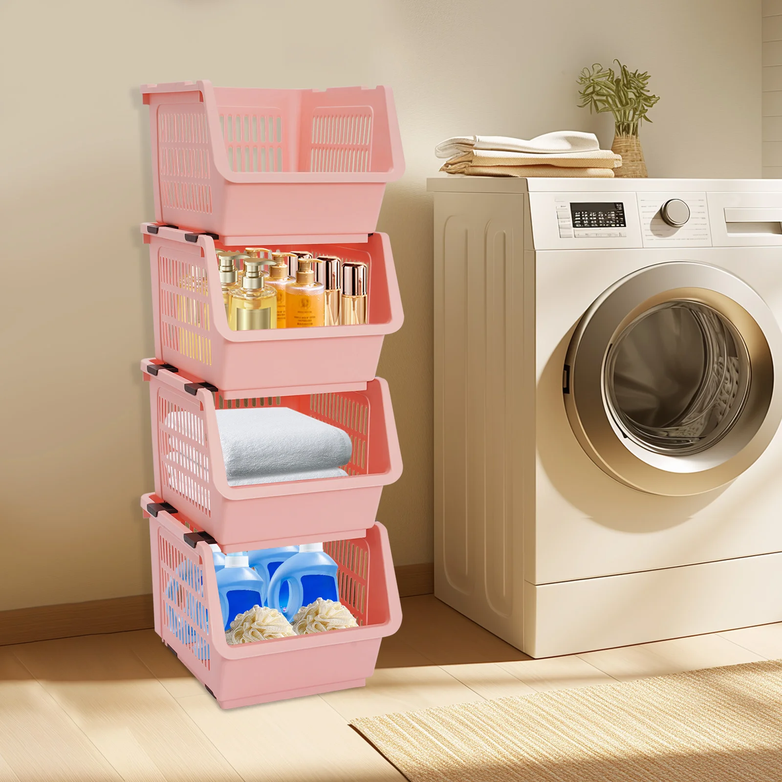 4PCS Stacking Storage Baskets Rectangular Stackable Organizer Baskets Floor Standing Stackable Storage Bins Pink Ideal Gift
4PCS Stacking Storage Baskets Rectangular Stackable Organizer Baskets Floor Standing Stackable Storage Bins Pink Ideal Gift