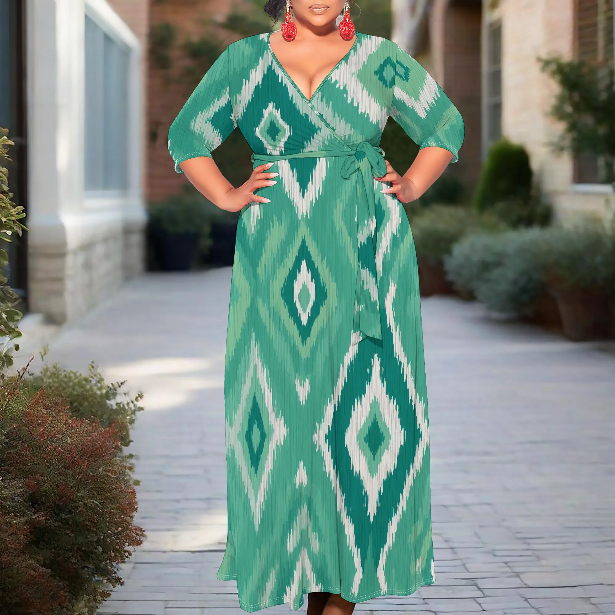 Green Tribal Print Wrap Dress XL-6XL V-Neck Belted Maxi Style with 3/4 Sleeve for Cultural Fest, Museum Tour or Spring Gathering
Green Tribal Print Wrap Dress XL-6XL V-Neck Belted Maxi Style with 3/4 Sleeve for Cultural Fest, Museum Tour or Spring Gathering