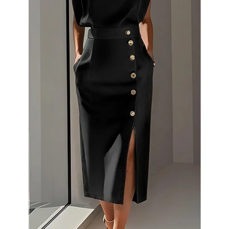 Формальные черные прямые юбки, женская модная рабочая деловая одежда с высокой талией, элегантная длинная юбка с золотыми пуговицами и разрезом 181596
Формальные черные прямые юбки, женская модная рабочая деловая одежда с высокой талией, элегантная длинная юбка с золотыми пуговицами и разрезом 181596