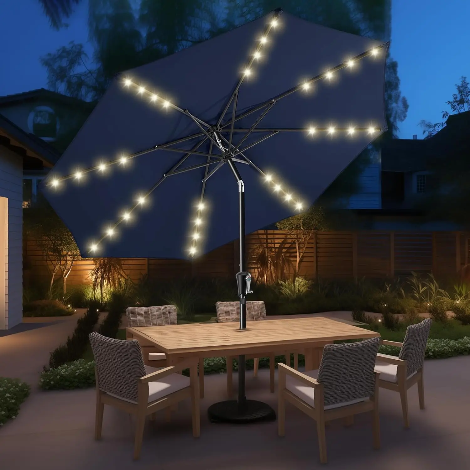 9ft Solar Patio Umbrella with LED Lights, UPF50+ UV Protection, Push Button Tilt and Crank for Outdoor Use in Navy Blue
9ft Solar Patio Umbrella with LED Lights, UPF50+ UV Protection, Push Button Tilt and Crank for Outdoor Use in Navy Blue