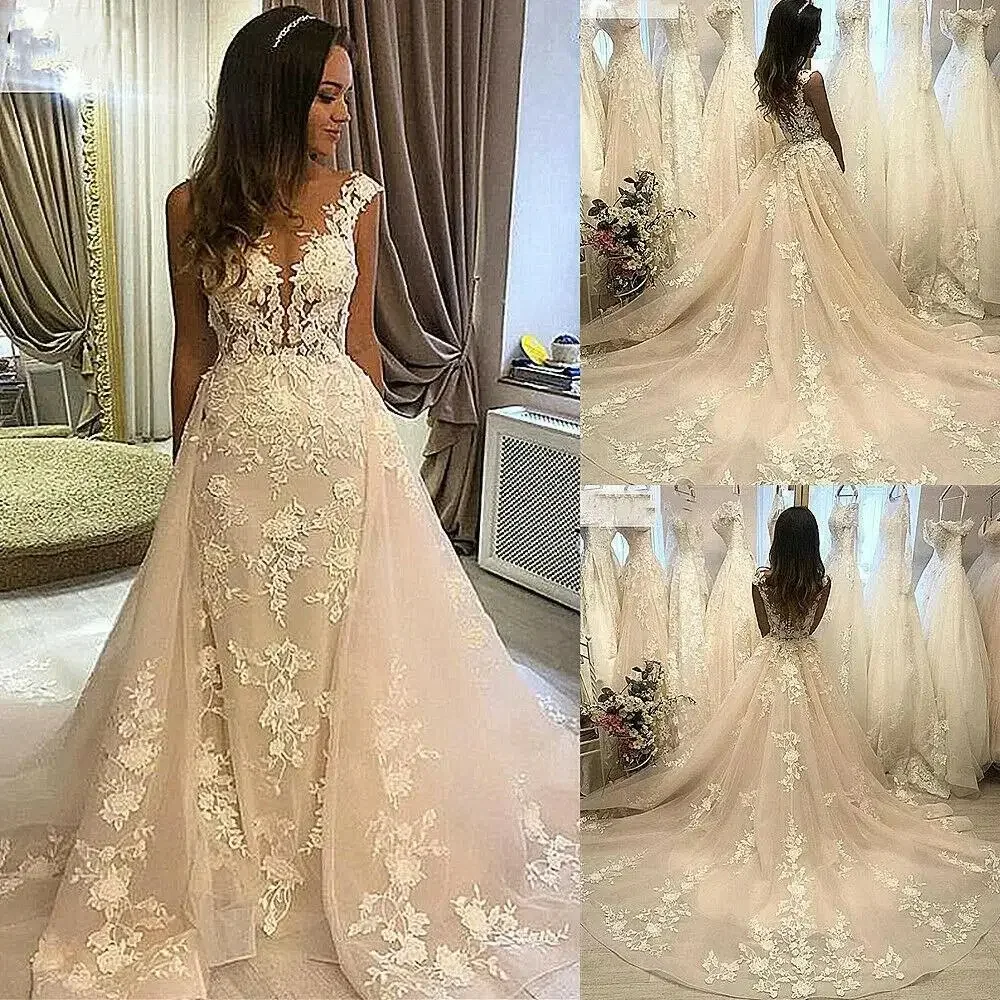 Customized Newest Cap Sleeves Lace Appliques Mermaid Wedding Dresses With Detachable Train Arabic Aso Ebi Country Bridal Gowns
Customized Newest Cap Sleeves Lace Appliques Mermaid Wedding Dresses With Detachable Train Arabic Aso Ebi Country Bridal Gowns