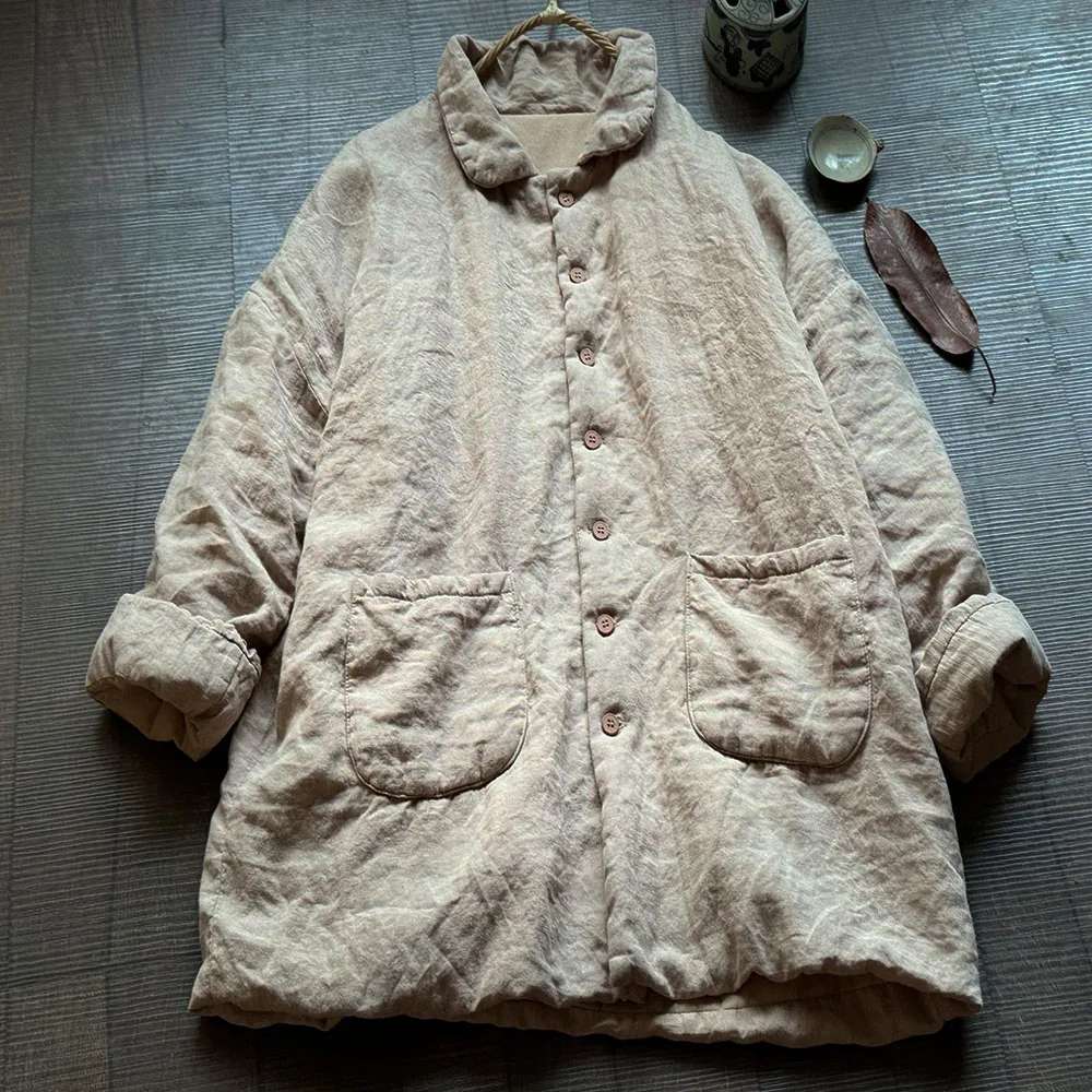 Handsome Small Lapel Mid-Length Jacket High Quality Sand-Washed Linen Cotton-Padded Women's Single Breasted Loose Seam Warm Coat
Handsome Small Lapel Mid-Length Jacket High Quality Sand-Washed Linen Cotton-Padded Women's Single Breasted Loose Seam Warm Coat