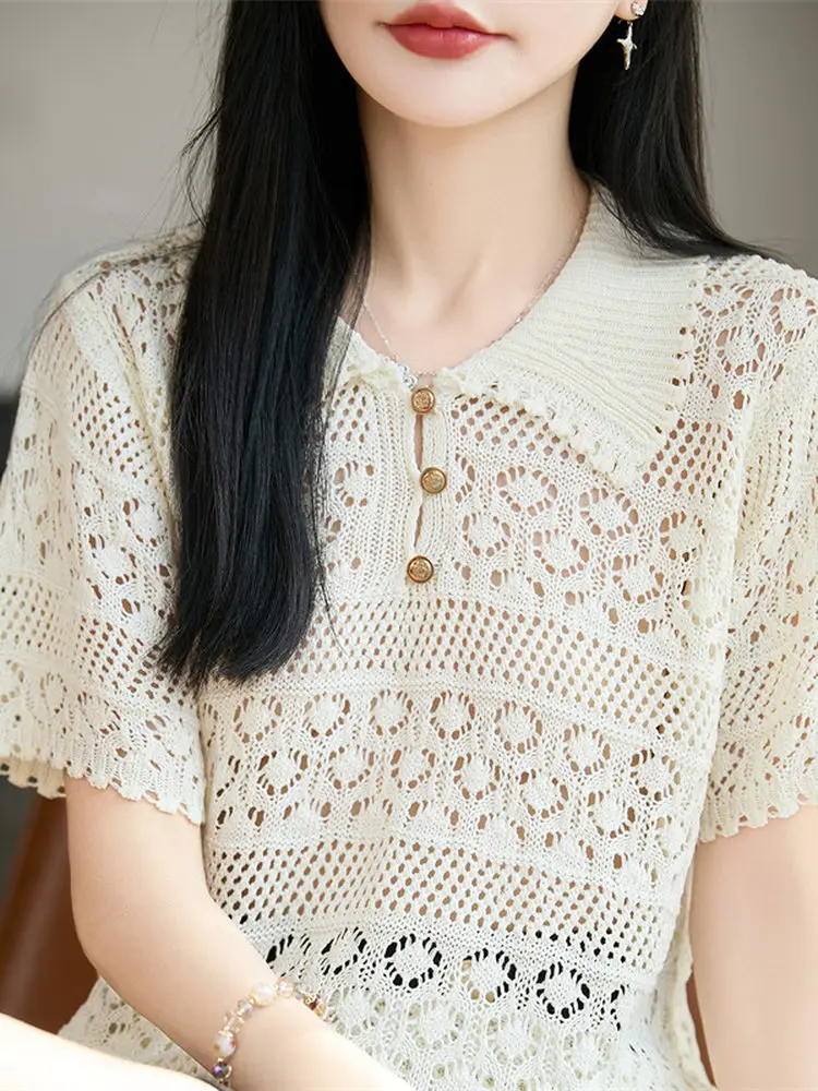 Sweet Style Hollow out Knitted Neck Short Sleeve T Shirt Women Summer Thin Semi Transparent Light Weight Loose Fit Top
Sweet Style Hollow out Knitted Neck Short Sleeve T Shirt Women Summer Thin Semi Transparent Light Weight Loose Fit Top