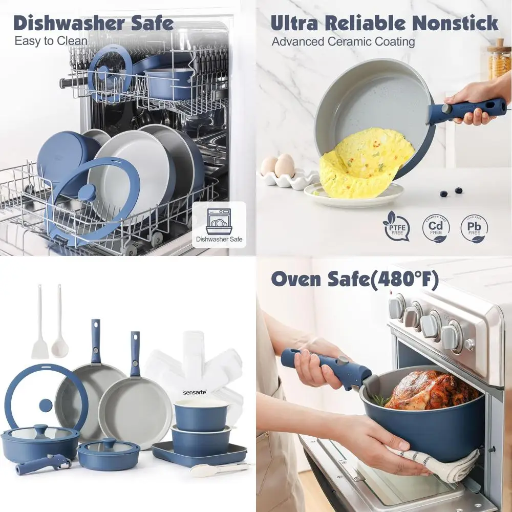 Набор посуды из 24 предметов с антипригарным покрытием и съемными ручками, совместимый с индукционными плитами, подходит для духовки и посудомоечной машины, идеально подходит для автодомов и не требует особого ухода.
Набор посуды из 24 предметов с антипригарным покрытием и съемными ручками, совместимый с индукционными плитами, подходит для духовки и посудомоечной машины, идеально подходит для автодомов и не требует особого ухода.