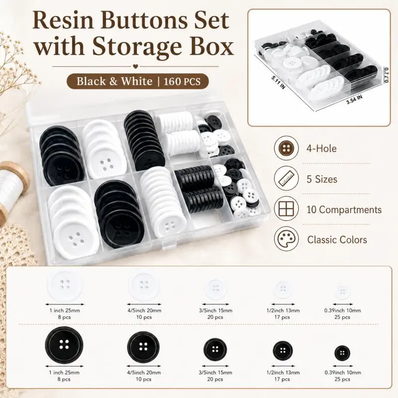 Black and White Resin Buttons 4 Holes 160PCS/box Mixed Sizes 10-25mm for Sewing DIY Scrapbooking Crafts
Black and White Resin Buttons 4 Holes 160PCS/box Mixed Sizes 10-25mm for Sewing DIY Scrapbooking Crafts