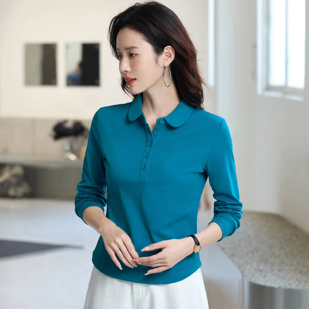 Korean style blue lapel long sleeved T-shirt for women in spring and autumn, new high-end cotton fashion plus size casual top
Korean style blue lapel long sleeved T-shirt for women in spring and autumn, new high-end cotton fashion plus size casual top