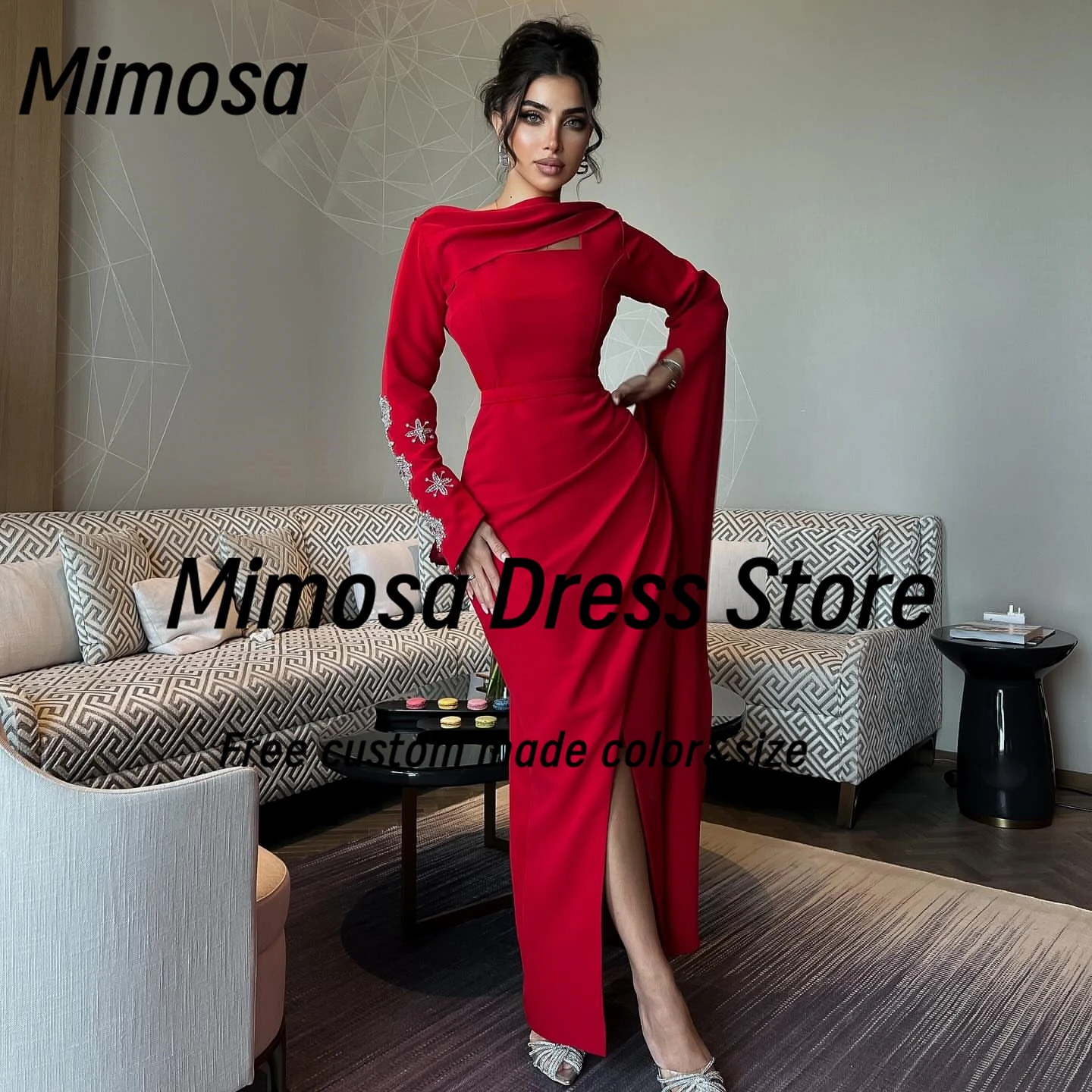 Mimosa فساتين حفلة موسيقية Beaded Long Sleeves Evening Party Dress Side Slit Sexy Saudi Prom Dresses Customized 
Mimosa فساتين حفلة موسيقية Beaded Long Sleeves Evening Party Dress Side Slit Sexy Saudi Prom Dresses Customized