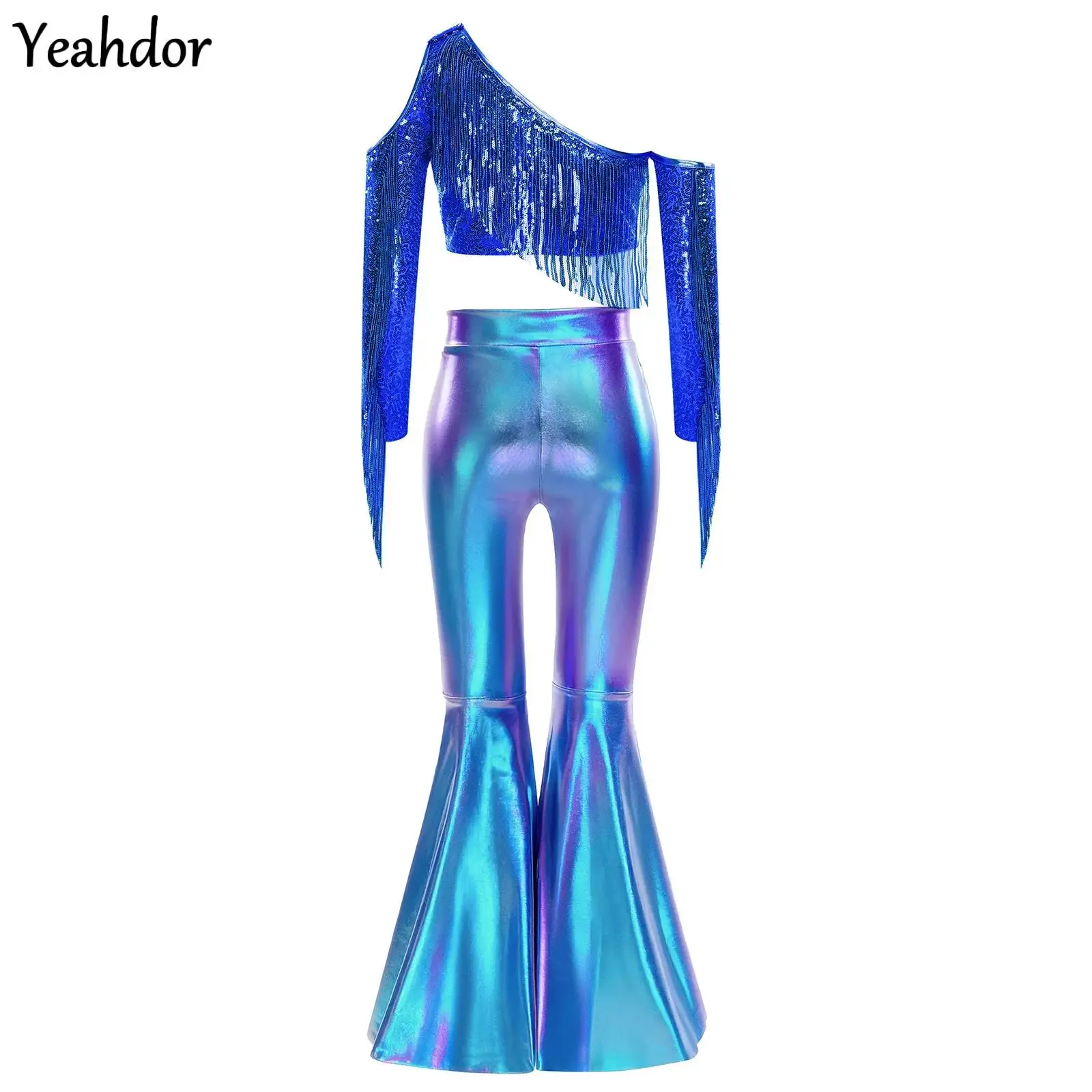 Girls Metallic 70s Hippie Jazz Dance Costume Outfit One Shoulder Tassels Shiny Sequin Crop Top with Split Bell-Bottom Pants Set
Girls Metallic 70s Hippie Jazz Dance Costume Outfit One Shoulder Tassels Shiny Sequin Crop Top with Split Bell-Bottom Pants Set